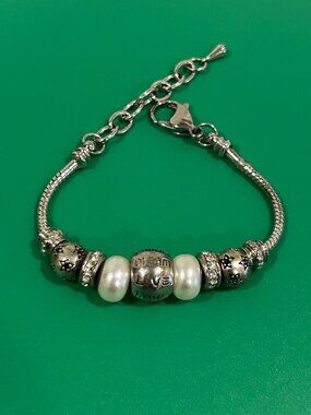 Bella Perlina Slide Charm Bracelet Silver Tone Faux Pearl Love Laugh Dream Live